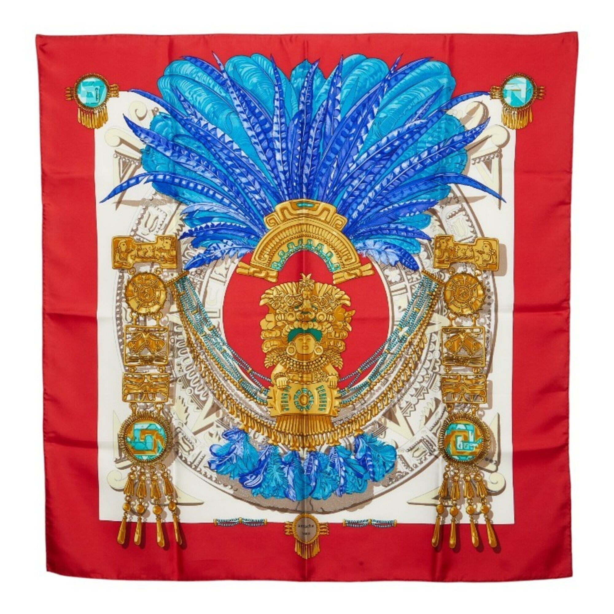 Hermes Carre 90 Mexico Scarf/Muffler, Red Multicolor Silk, Women's